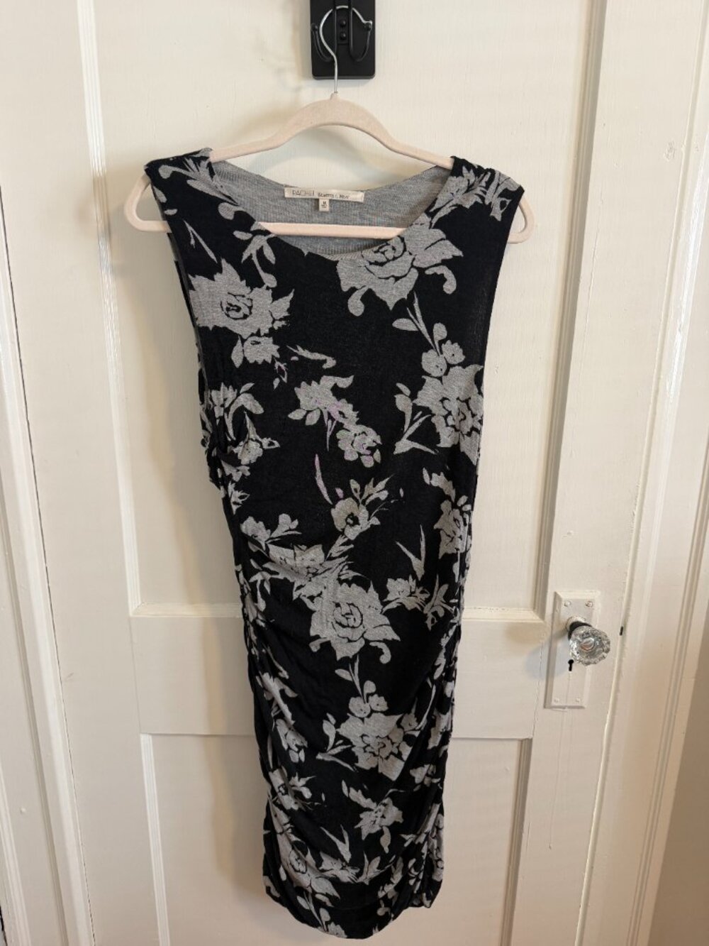Rachel Roy Black & Gray Floral Ruched Dress | Size M | Bodycon Midi